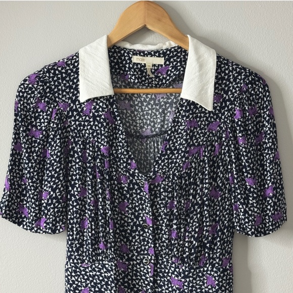 Maje Romper Black White Purple Print Button Front Collar Pockets One Piece Short - Picture 5 of 16
